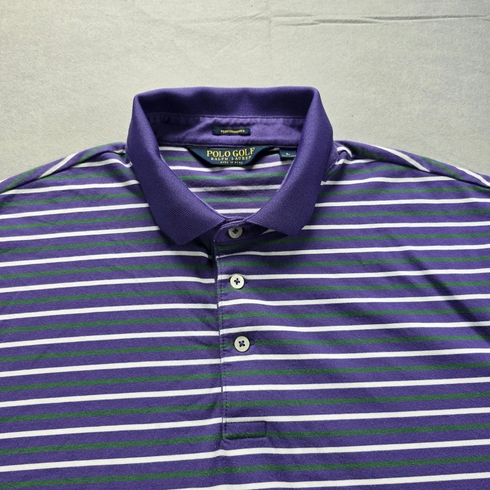 Polo Golf Ralph Lauren Mens Large Purple Striped Performance Pima Cotton Polo